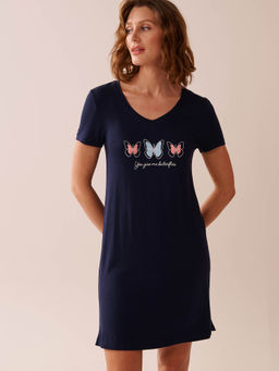 La Vie En Rose - Butterfly Print Soft Jersey Short Sleeve Sleepshirt