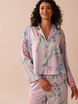 La Vie En Rose - Lavender Garden Print Satin Button-Down Shirt