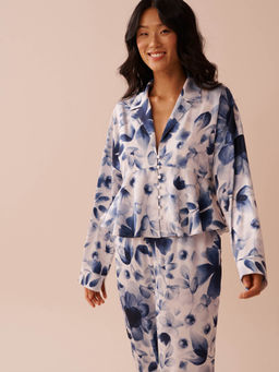 La Vie En Rose - Blue Floral Print Satin Flared Button-Down Shirt