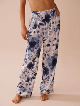 La Vie En Rose - Blue Floral Print Frill Detail Satin Pyjama