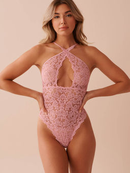 La Vie En Rose - High Neck Lace Thong Teddy