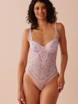 La Vie En Rose - Floral Embroidered Mesh and Lace-Up Detail Push-Up Teddy