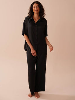 La Vie En Rose - Black Short Sleeve Satin Solid Shirt and Pyjama