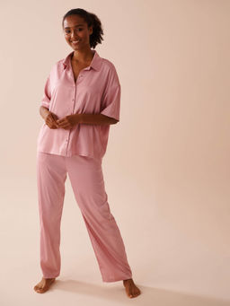 La Vie En Rose - Pink Short Sleeve Satin Solid Shirt and Pyjama