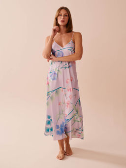 La Vie En Rose - Lavender Garden Print Long Satin Nightie