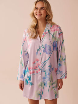 La Vie En Rose - Lavender Garden Print Long Sleeve Satin Sleepshirt