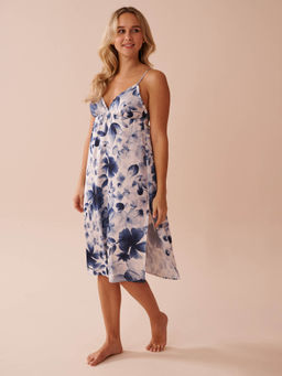 La Vie En Rose - Blue Floral Print Frill Detail Satin Nightie