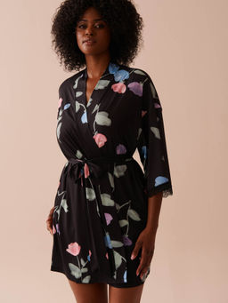 La Vie En Rose - Recycled Fibers Tulip Print Lace Trim Kimono
