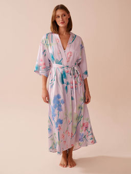 La Vie En Rose - Lavender Garden Print Long Satin Kimono