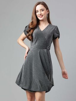 Latin Quarters - Grey Short Sleeve V-Neck Solid Party Mini Dress