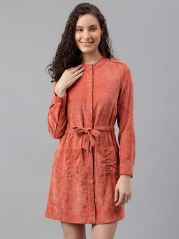 Latin Quarters - Orange Full Sleeve Round Neck Solid Shirt Casual Mini Dress