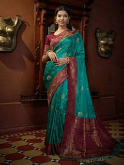 Odette - Green Colour Satin Silk Saree with Unstitched Blouse