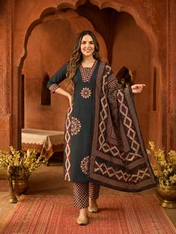 FASHOR - Black Printed Kurta with Pant and Dupatta