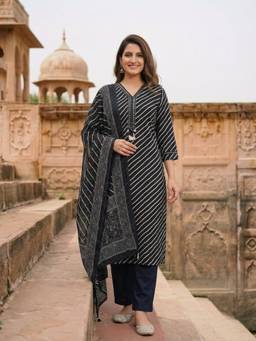 FASHOR - Black Printed Leheriya Kurta with Pant and Dupatta