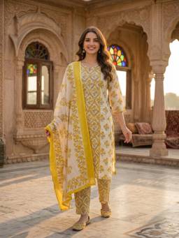 FASHOR - Yellow Floral Printed Kurta with Pant and Dupatta