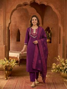 FASHOR - Purple Embroidered Mirror Work Kurta with Pant and Dupatta