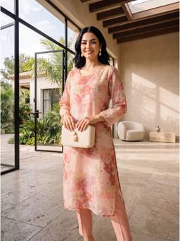 W - Peach Floral Printed Kurta