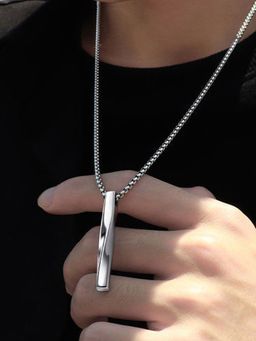 Designs & You - Men Silver Plated Stainless Steel Twisted Bar Shaped Pendant Necklace