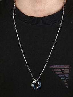 Designs & You - Men Silver Plated Stainless Steel Blue Triple Rings Circular Pendant Necklace