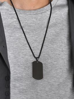 Designs & You - Men Silver Plated Stainless Steel Black Rectangular Pendant Necklace