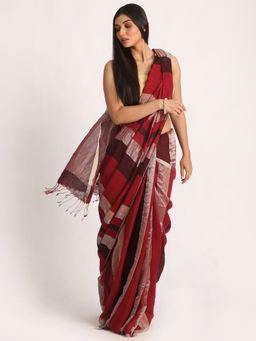 Angoshobha - Multi-Color Traditional Handloom Check Linen Saree with Unstitched Blouse