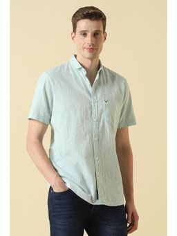 Allen Solly - Green Cotton Blend Stripes Half Sleeves Shirt