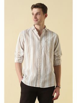 Allen Solly - Beige Cotton Stripes Full Sleeves Shirt