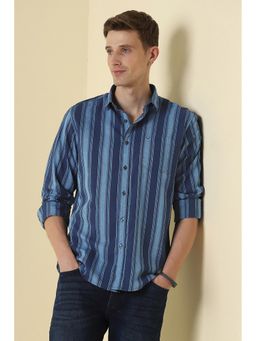 Allen Solly - Navy Blue Cotton Stripes Full Sleeves Shirt