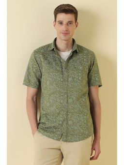 Allen Solly - Olive Cotton Blend Printed Half Sleeves Shirt