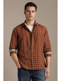 Louis Philippe - Brown Cotton Linen Checks Full Sleeves Shirt