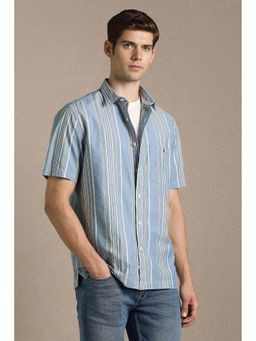 Louis Philippe - Blue Cotton Stripes Half Sleeves Shirt