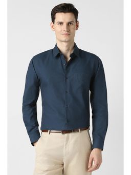 Peter England - Navy Blue Cotton Blend Textured Full Sleeves Shirt