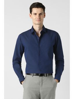 Peter England - Navy Blue Cotton Blend Textured Full Sleeves Shirt