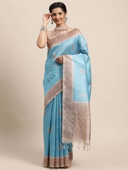 Odette - Womens Silk Blend Blue Printed Designer Saree with Unstitched Blouse