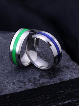 Yellow Chimes - Men Set Of 2 Rhodium-Plated and Silver Toned Classic Grooved Rings