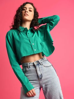 Attic Salt - Green Solid Deluxe Party On Crop Shirt