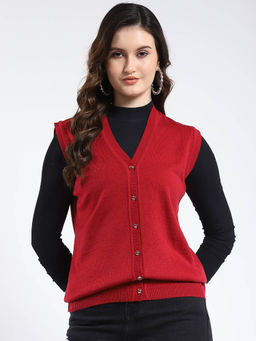 Monte Carlo - V Neck Solid Button Closure Sleeveless Cardigan