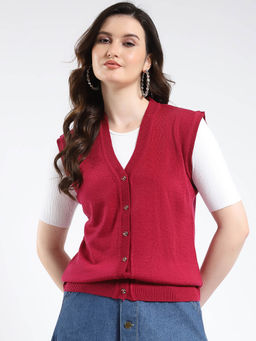 Monte Carlo - V Neck Solid Button Closure Sleeveless Cardigan