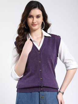 Monte Carlo - V Neck Solid Button Closure Sleeveless Cardigan
