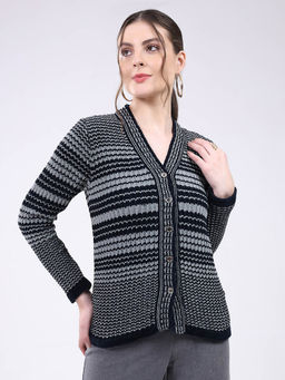 Monte Carlo - V Neck Striped Button Closure Full Sleeve Cardigan