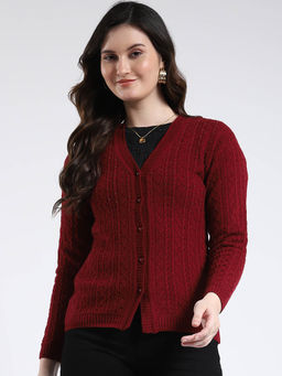 Monte Carlo - V Neck Self Designed Button Closure Full Sleeve Cardigan
