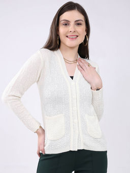 Monte Carlo - V Neck Self Designed Button Closure Full Sleeve Cardigan