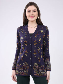 Monte Carlo - V Neck Self Designed Button Closure Full Sleeve Cardigan