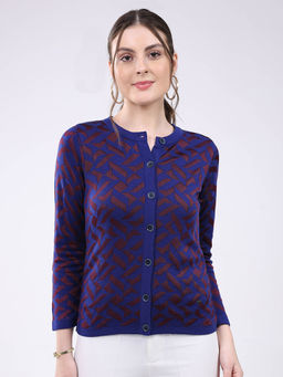 Monte Carlo - Round Neck Printed Button Closure Full Sleeve Cardigan