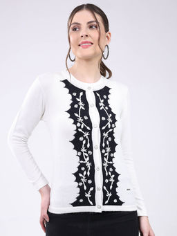 Monte Carlo - White Self Designed Button Closure Full Sleeve Cardigan
