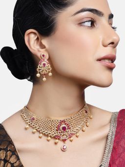 Estele - Gold Plated Cz Fascinating Bridal Choker Necklace Set With Pearls For Women (Set of 2)