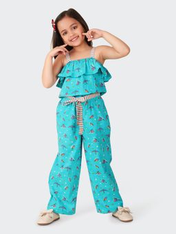 Fabindia - Teal Cotton Printed Jumpsuit with Belt (Set of 2)