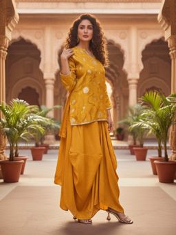 Ishnya - Mustard Short Kurti with Draped Skirt