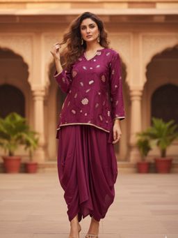 Ishnya - Wine Short Kurti with Draped Skirt