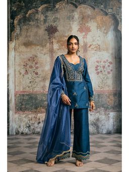 Saanjh by Lea - Ambar Blue Hand-Embroidered Silk Kurti With Palazzo And Dupatta